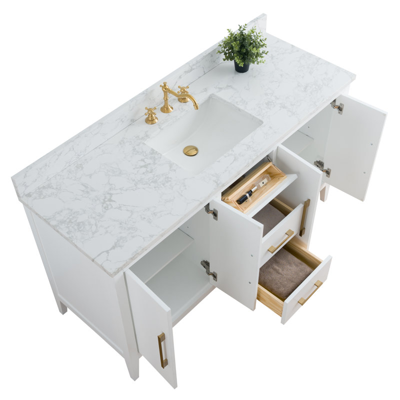 60'' Single Bathroom Vanity with Engineered Marble Top, White, Golden Brushed