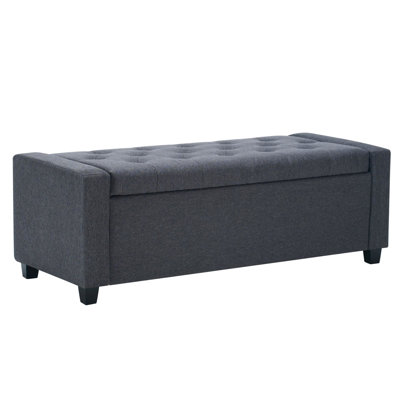 48" Storage Bench For End Of Bed, Bedroom, Living Room, Entryway, Grey, Fabric, Wood Frame, Black Rubber Legs, Hinge, Button Tufting, American Traditional, Internal Storage, Square Arms Upholstered