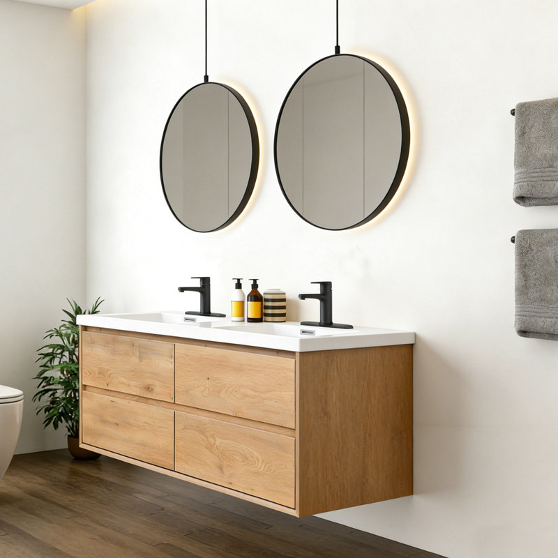 Meuble-lavabo mural flottant de 60 po avec lavabo et tiroirs en résine, conception élégante pour un grand rangement, protection silencieuse et chaleureuse, meuble-lavabo moderne en bois massif, pouces, fermeture