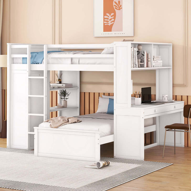Lit mezzanine double avec lit simple, bureau et tablettes