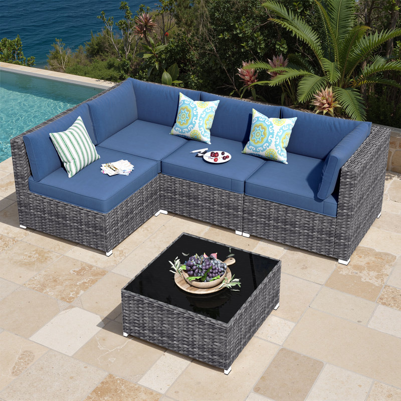 Ensemble de conversation modulaire avec coussins 5 pièces Gerolama, Bleu