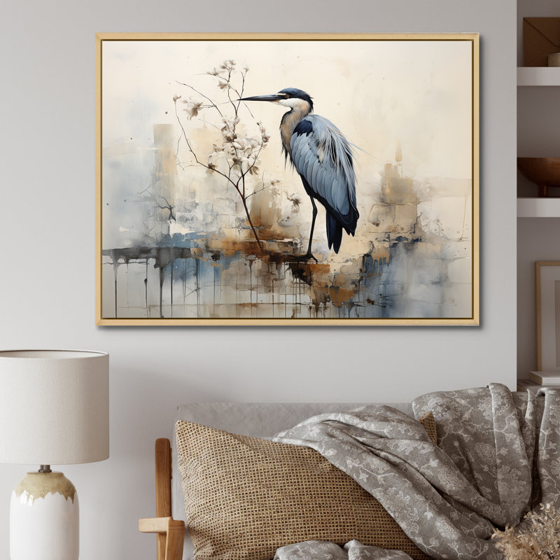 «Blue Great Heron In Miminal Harmony» sur toile, H 24 po x l 32 po x P 1 po, Brown Floater Framed