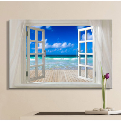 «Serene Natural Landscape Clear Blue Sea And Wood Deck Open Window Modern Wall Home Decor» sur toile