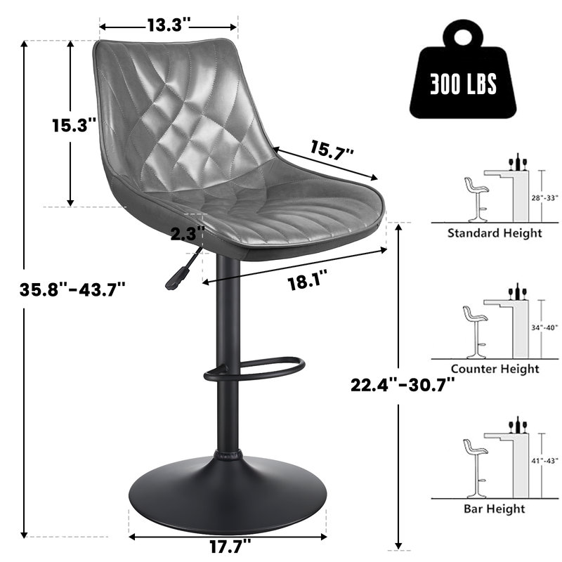 Halima Adjustable and Swivell Comfort Bar Stools with Back & Footrest set of 2, 2, Gray
