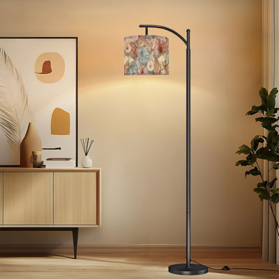 Arc Floor Lamp with Adjustable Lampshade Vintage Tropical Leafy Monstera Standing Lamp 3 Colour Temperatures Dimmable Tall Pole Lamp with Foot Switch for Bedroom