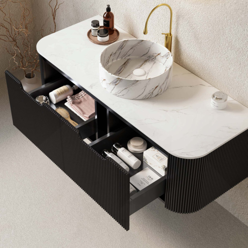 Meuble-lavabo de salle de bain mural avec lavabo, bords courbés et rayé avec 2 tiroirs, lavabo rond en céramique avec motif de pierre, pré-assemblé