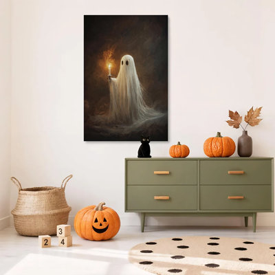 Affiche d'art mural sur toile encadrée 1pc, Halloween fantôme, décoration d'Halloween rétro, impression d'art sur bougie, impression sur toile pour salon, chambre, bureau, salle de bain, dortoir, prêt à accrocher