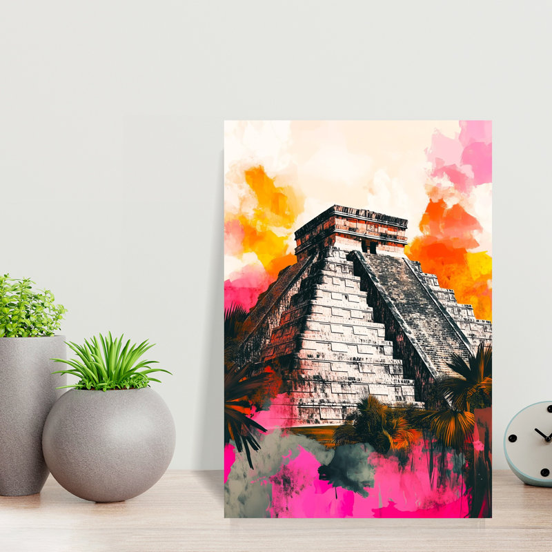 Vibrant Chichen Itza Pyramid Colorful Dramatic Vibrant Architecture Landscape Wall Art Print 1 Piece Wrapped Canvas Wall Art