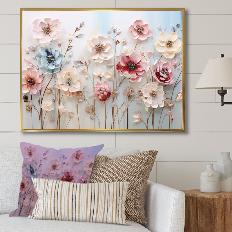 Art floral mural blanc et rose pour salon, Cadre flottant doré, H 34 po x l 44 po x P 1,5 po
