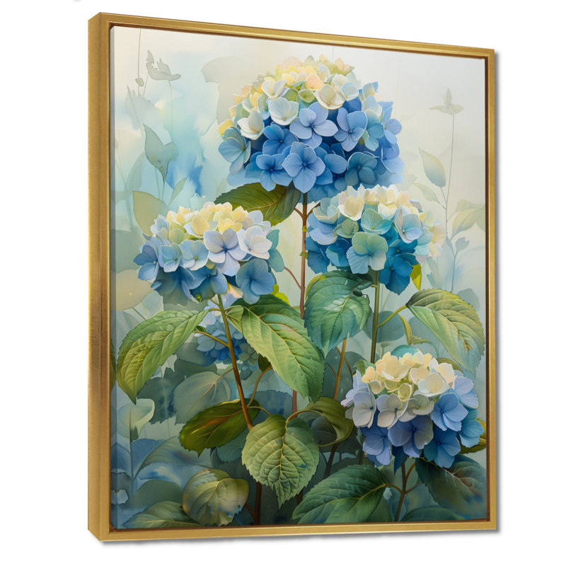 Bleu et vert jardin fleuri hortensia II - hortensia art mural, H 24 po x l 32 po, Cadre flottant doré