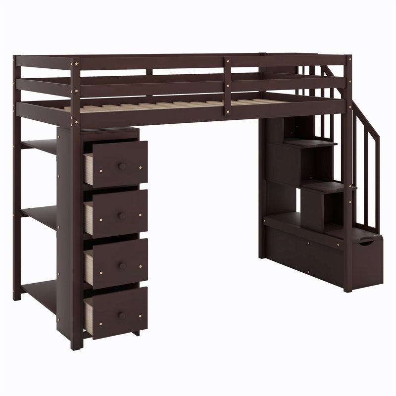 Loft Bed With Shelves,Drawers And Stairs, Espresso