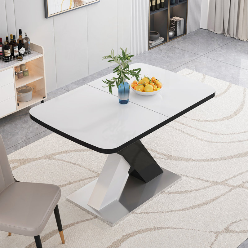Table de salle à manger rectangulaire moderne, extensible, plateau de table blanc + pied de table en panneau de fibres à densité moyenne noir et blanc avec base en métal