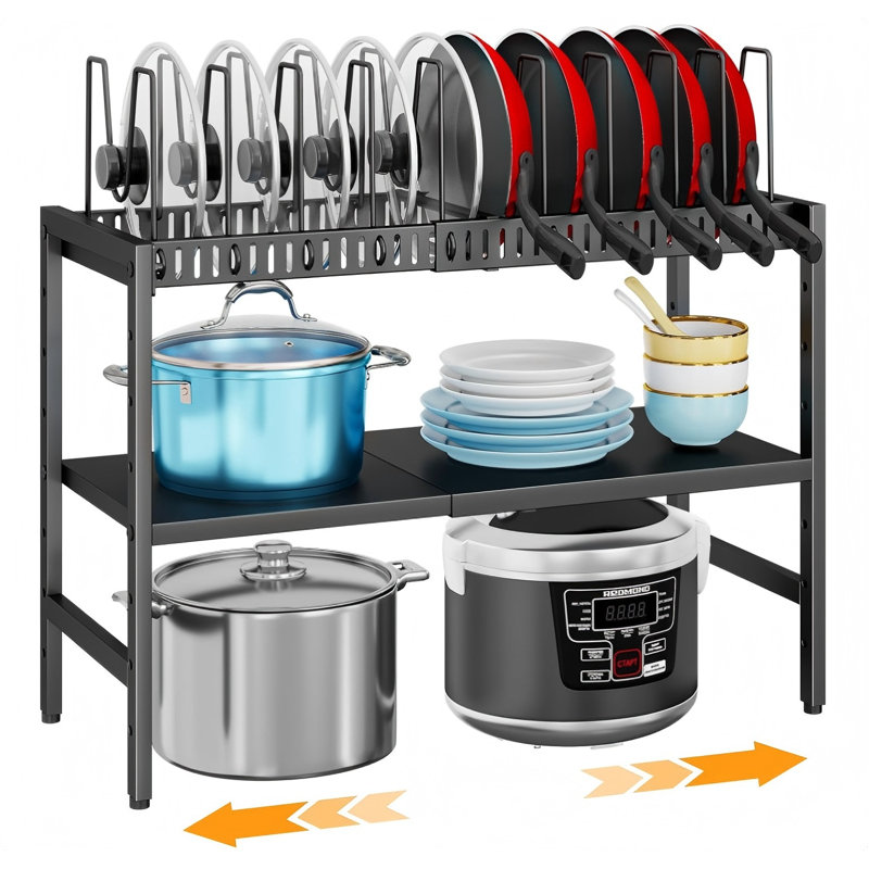 Organisateur de casseroles et de casseroles à 2 niveaux sous l'armoire, organisateurs de couvercles de pots extensibles à l'intérieur de l'armoire, étagère de rangement réglable en métal avec 10 séparateurs pour l'organisation et le rangement du g