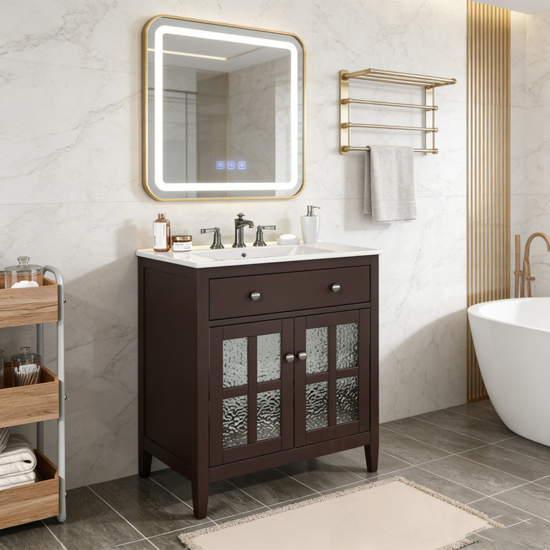 Bathroom Vanity with Sink, Adjustable Shelf and 2 glass Doors, Dark Brown