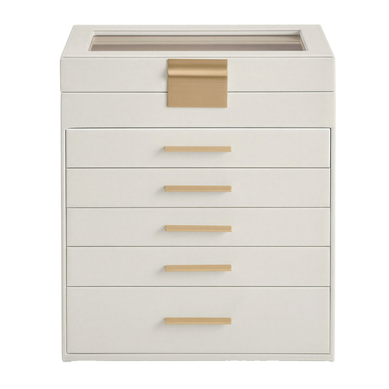 Organisateur de boîte à bijoux, rangement pour bijoux à 6 couches avec 5 tiroirs, quincaillerie en métal brillant, couvercle en verre, moderne, 6,4 po x 9,9 po x 11,4 po