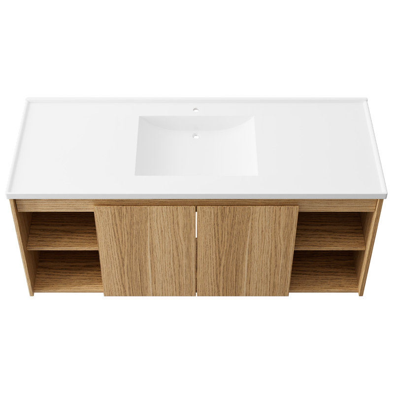 Meuble-lavabo simple 48 po avec plateau en résine et lavabo mural, Marron clair