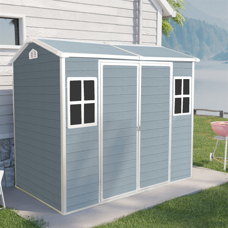 8X4ft Resin Outdoor Storage Shed With Two-Window And Double-Door, Grey
