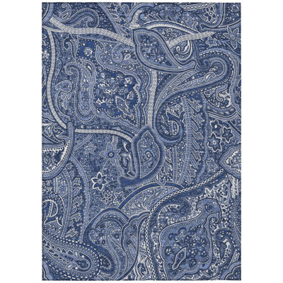 9' X 12' Navy Blue And Sky Blue Paisley Washable Indoor Outdoor Area Rug
