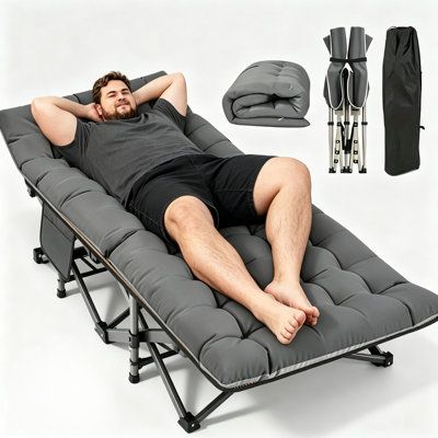 Lit de camp pliant robuste pour adultes, 185 x 69 x 40 cm, lit portatif en métal Oxford avec matelas en mousse, appuie-tête ergonomique incliné, cadre triangulaire, sac de transport inclus pour l'extérieur, la maison et le bureau.