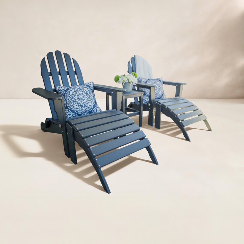 Chaise Adirondack pliante en plastique / résine avec repose-pieds et table Leighton, Noir