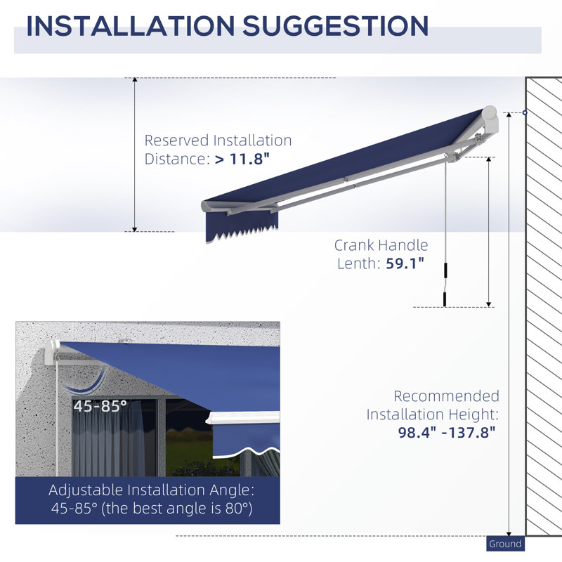 13' X 8' Patio Awning, Manual Retractable Sun Shade With UV Protection And Easy Crank Opening, Dark Blue, Dark Blue