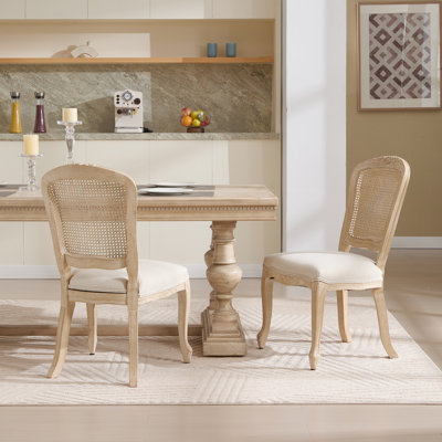 Ensemble de 2 chaises de salle à manger rembourrées beiges françaises, dossier en éventail naturel, tréfilage, détails, structure en bois massif démontable pour le salon