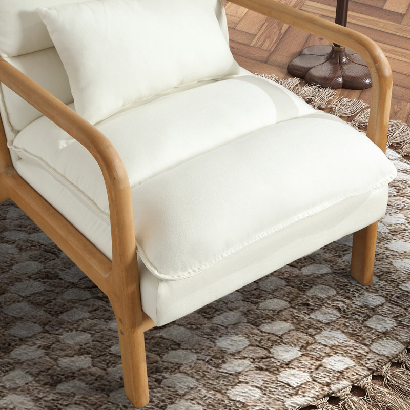 Linen Armchair with Lumbar Pillow, Solid Wood Frame Accent Chair, Cosy Reading Chair for Living Room, White