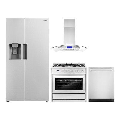 Ensemble de cuisine 4 pièces avec hotte de cuisinière à gaz encastrable 36 po avec îlot de cuisine intégré 36 po et réfrigérateur encastré côte à côte