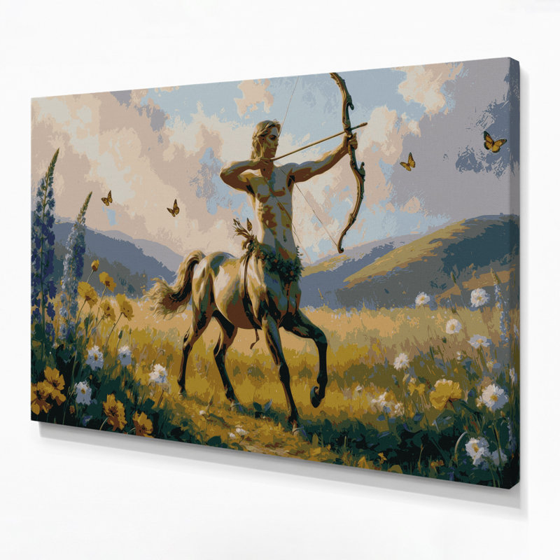 SciFi Centaur archer in meadow Beige Canvas Wall Art, 20" H x 30" W