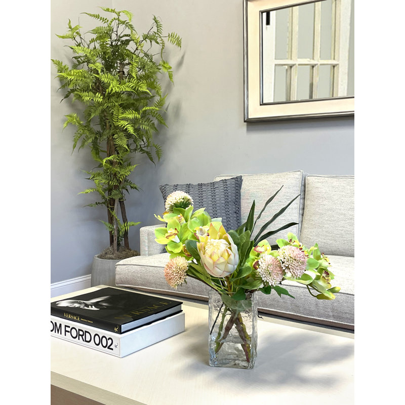 Dahlia, Protea and Orchid Arrangement in Glass Vase
