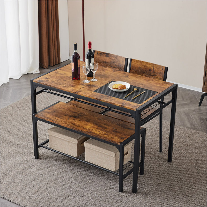Ensemble de table de salle à manger en MDF et métal avec rangement, étagères et détails en bois massif, 4 pièces