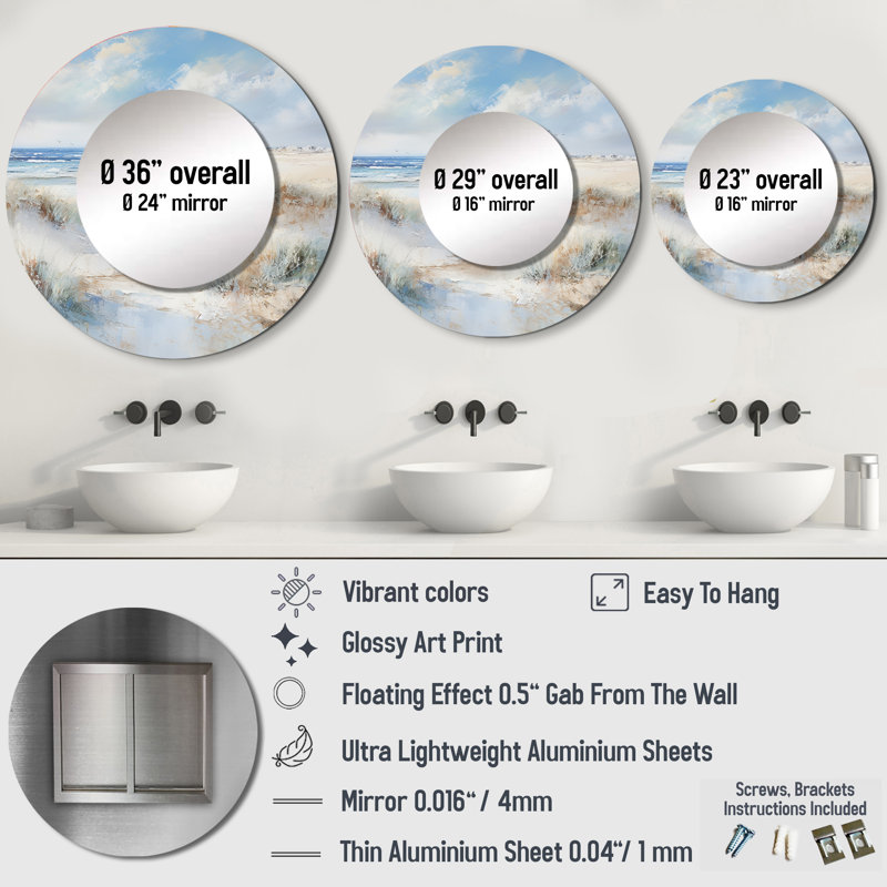 Coastal Ocean Charm In Winter I - miroir mural océan, miroir décoratif rond beige, impression d'art en métal, 29 po x 29 po