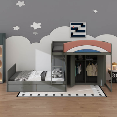 Offset Bunk Bed With Wardrobe, Drawers And Hanging Rod, Upholstered Guardrail With Tri-Color Design
