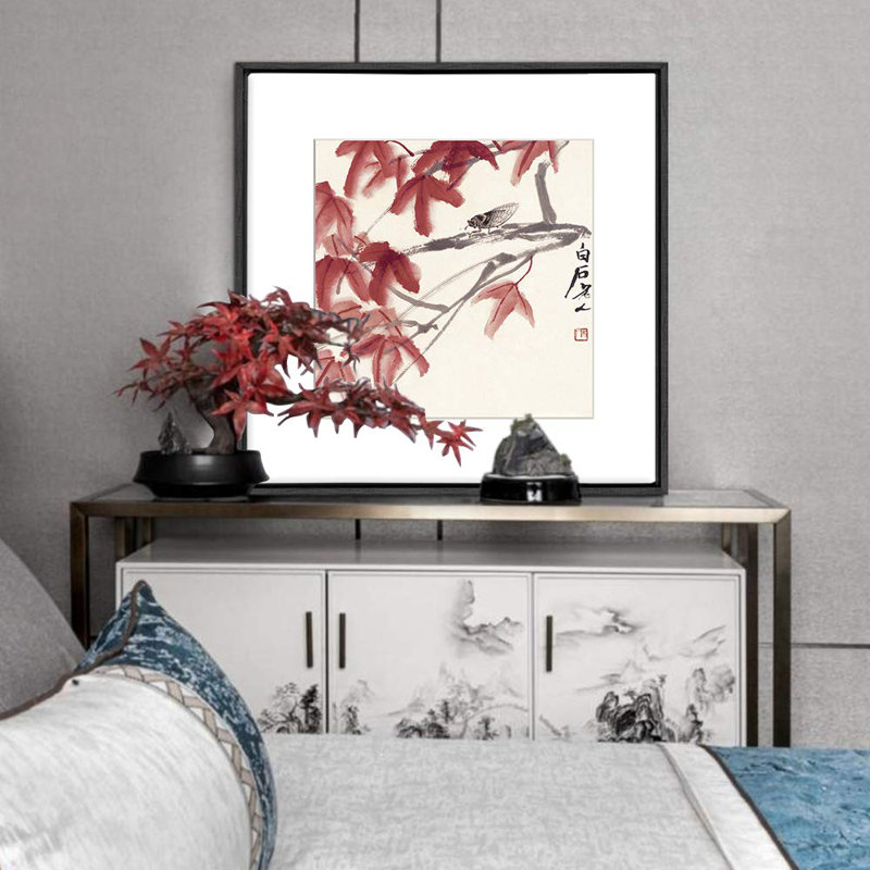 Aquarelle chinoise, cigale et feuilles rouges, impression sur toile, H 24 po x l 24 po