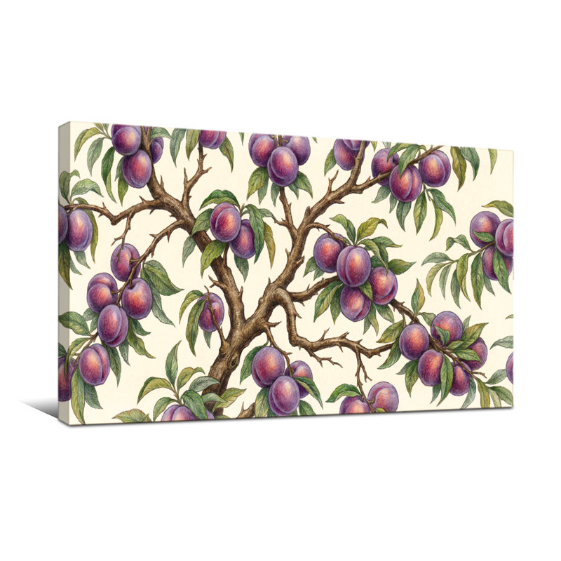 Plantes et fleurs branches de prunier avec fruits mauves et feuilles vertes, H 24 po x l 48 po