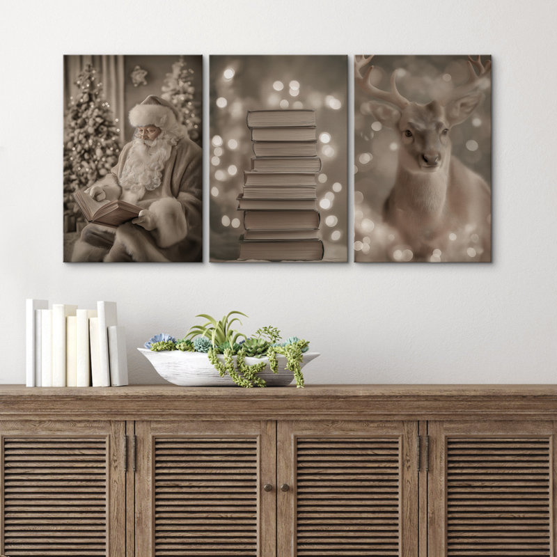 «Neutral Toned Christmas Trio with Santa, Books and Deer Art», reproduction d'art sur toile encadrée 3 pièces, Wrapped Canvas