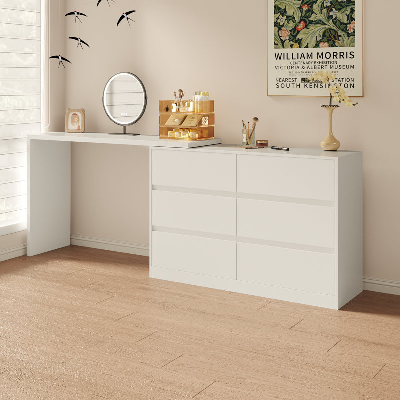 Extendable Vanity Table with 6 Drawers, White