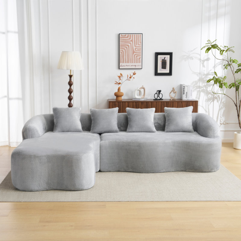Canapé modulaire en L à compression complète avec méridienne incurvée, canapé en chenille gris modulaire, haute densité pour le salon en appartement