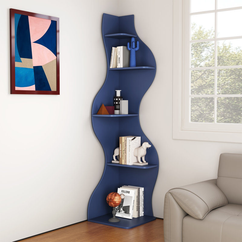 Corner Bookshelf, 5 Tier Modern Wall Shelf Bookcase Small Storage Rack Stylish Accent Wavy For Small Space, Plant Stand, Orange