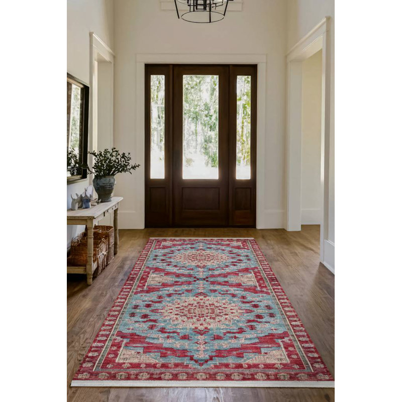 Motto Blue Oriental Machine Printed Cotton Polyester Area Rug, Runner 2'8" x 16'5"
