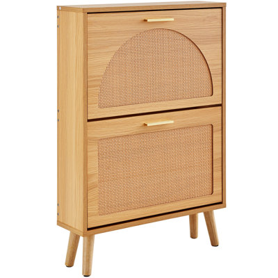 Range-chaussures avec 2 tiroirs rabattables, range-chaussures pour le vestibule, range-chaussures autoportant avec portes en rotin pour talons, bottes, pantoufles dans le couloir, salon
