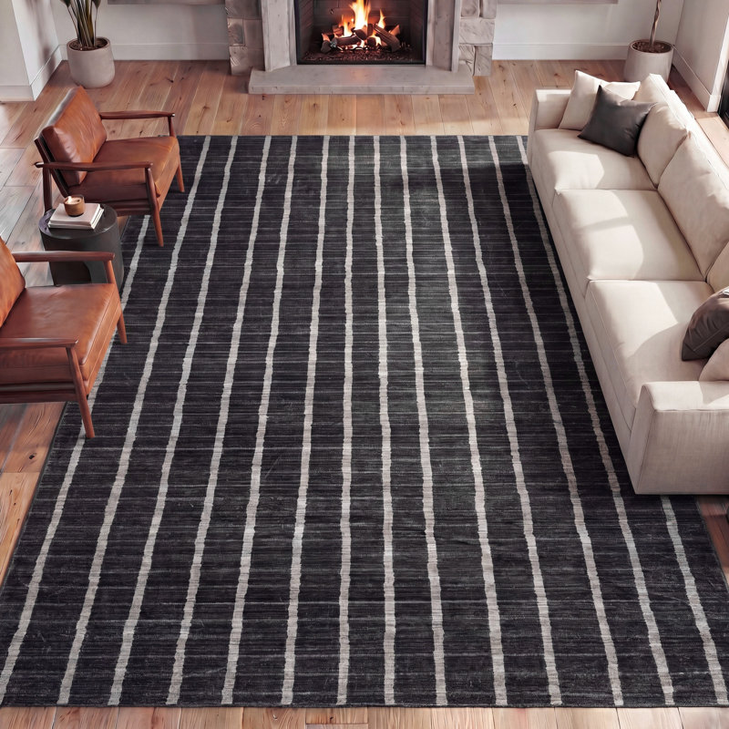 Tapis antidérapant à rayures délavé Orton, Gris anthracite / Crème, Rectangle 9' x 12'