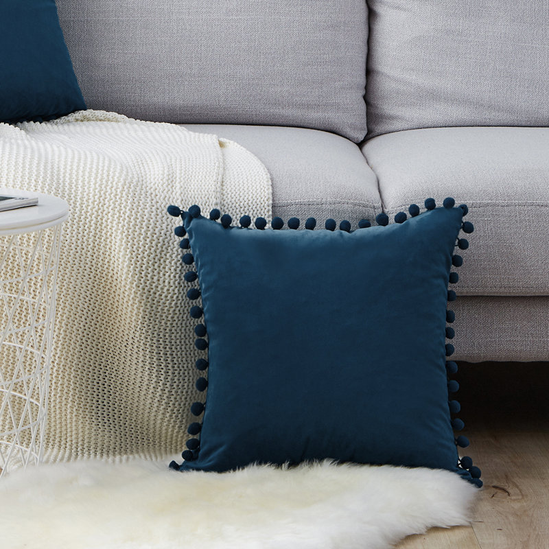 Pom Pom Velvet Tassels Pillow Cover, Blue, 18"x18"
