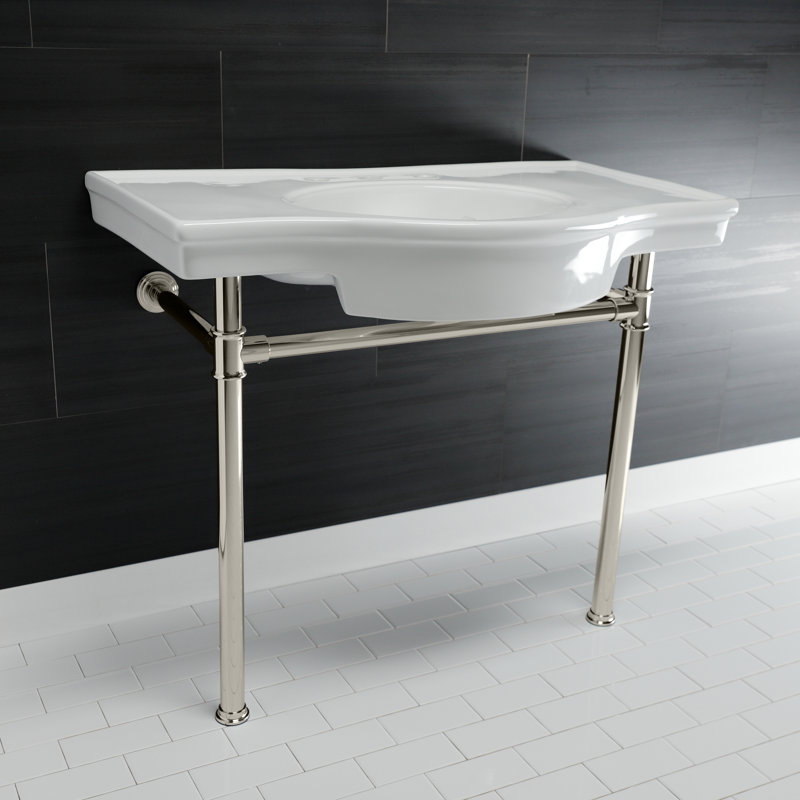 Kingston Brass Templeton 37-Inch Ceramic Console Sink with Stainless Steel Legs (8-Inch, 3-Hole), Polished Nickel