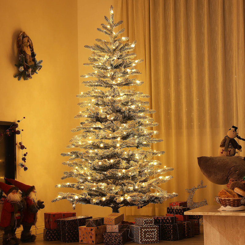 Arbre de Noël artificiel pin de montagne 6,5 pi pré-éclairé, arbre de Noël enneigé, arbre de Noël à charnière avec 400 lumières DEL et 990 branches pour la décoration des fêtes, vert