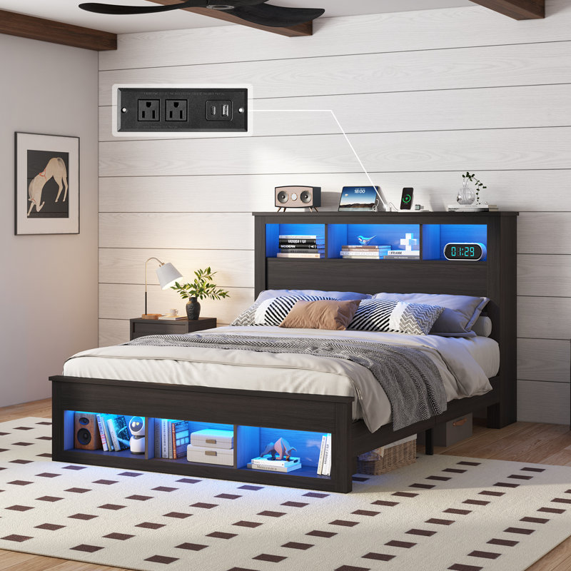 Revan Ivy Bronx Bed Frame With Storage Headboard&footboard, Wooden Platform Bed With Charging Station&led Light,no Box Spring Needed