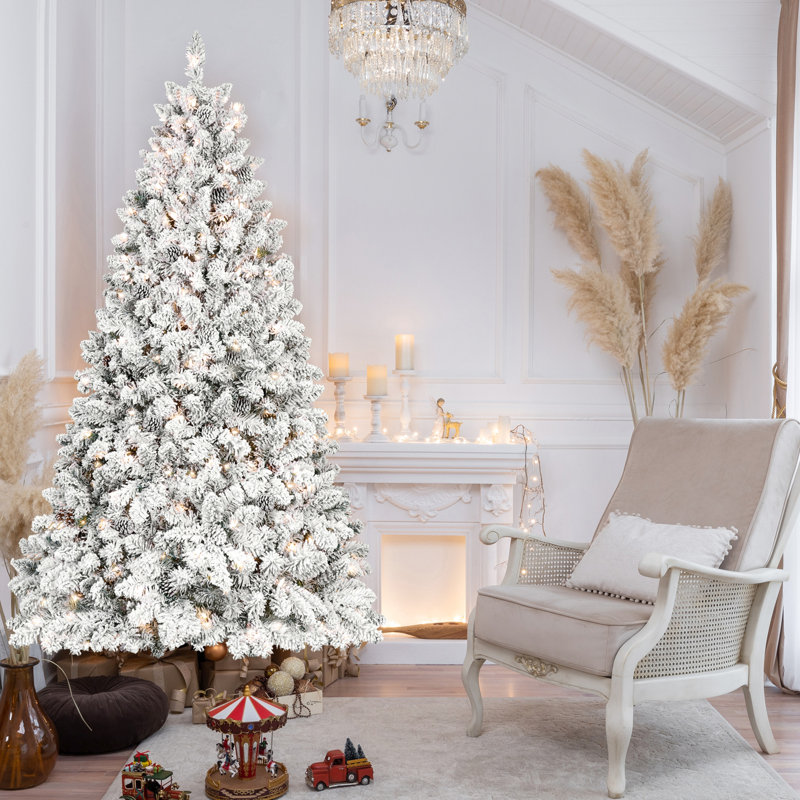 Arbre de Noël enneigé 7 pi, 500 lumières Ul, 45 pins naturels, pointes enneigées, structure à charnières 1124, base - centre de table festif renforcé