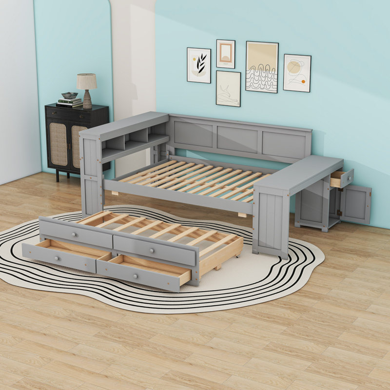Daybed with Storage Shelves, Drawers, Trundle, Desk, LED Light and Charging Station, Gray
