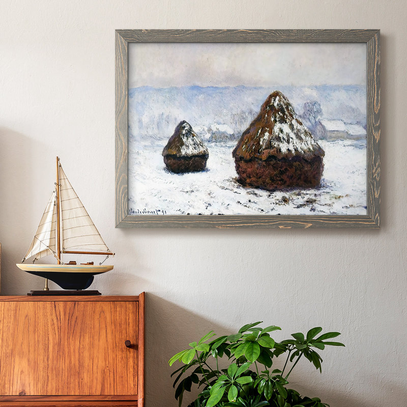 Grainstacks, Snow Effect, 1890 - Toile tendue avec châssis rustique, H 18 po x l 26 po x P 1,5 po, Encadré gris