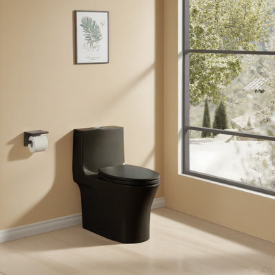 Toilette monobloc 1,1 / 1,60 GPF à double chasse, siège allongé au plancher à hauteur confortable économiseur d'eau, siège à fermeture douce, carte de chasse 1000 grammes, noir mat